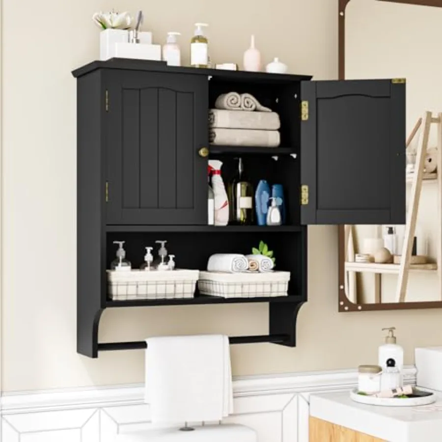 

Black Bathroom Cabinet with Towel Rack: Wall-Mounted Medicine Cabinet with 2 Doors Adjustable Shelf Over-Toilet Storage