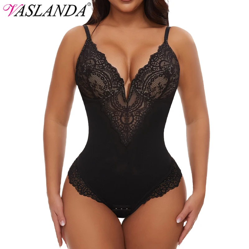 Sexy Lace Mesh Bodysuit for Women Tummy Control Shapewear V Neck Body Shaper Fajas Thongs Sexy Bustier