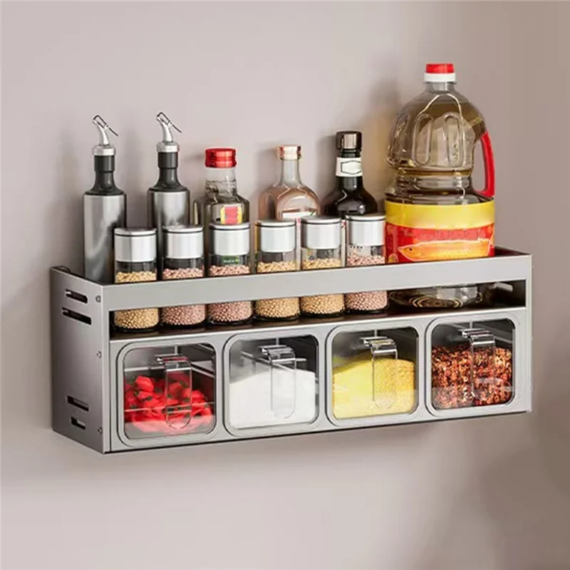 B84B-Spice Shelf Box Multifunctional Wall Mounted Kitchen Storage Organizer Stainless Steel De Cocina Shelf Jar