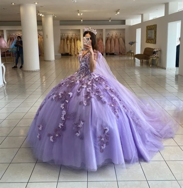 Lila Prinzessin Quince anera Kleider Ballkleid von der Schulter Tüll Applikationen süß 16 Kleider 15años mexikanisch