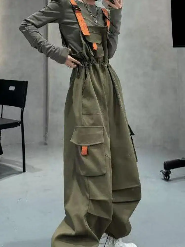 ผู้หญิงสีดํา Patchwork Casual หลวม Workwear Jumpsuit ฤดูร้อนสีเขียวเอวสูงสายรัดยาวกางเกงแนวโน้มแฟชั่น Streetwear