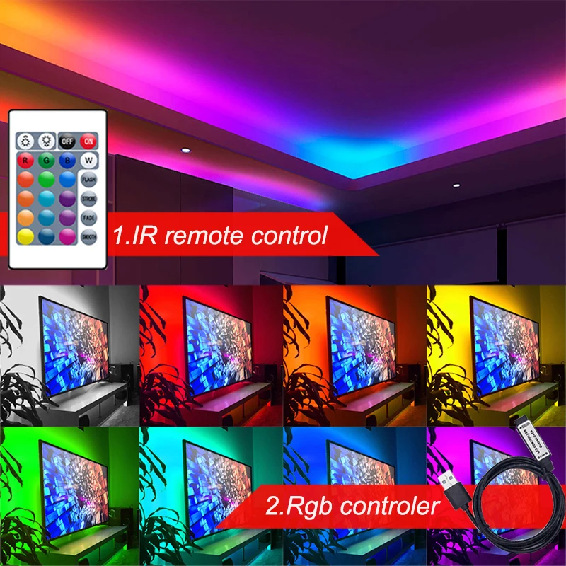 USB 24Key RGB Led Strip Lights For TV Backlight Dimmable RGB LED Tape Smart Remote Control 5V RGB LED Ribbon Strips Christmas