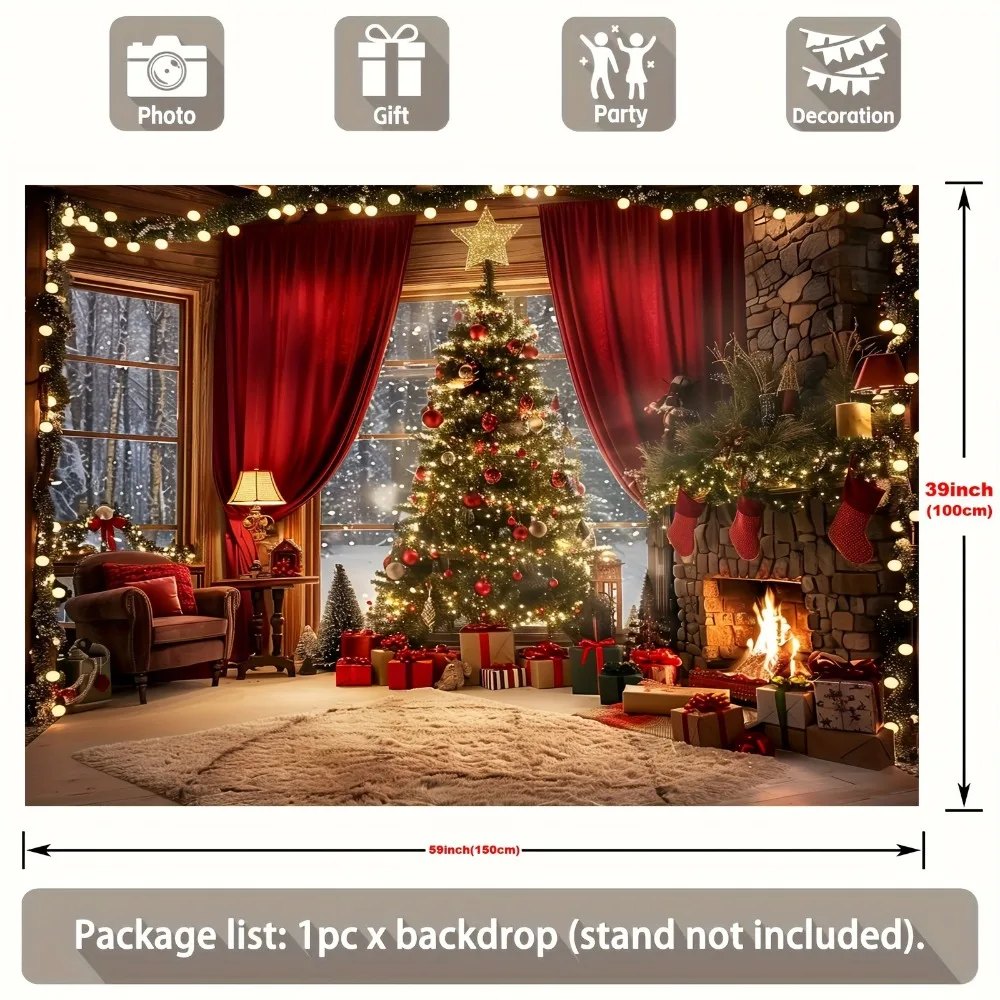 Christmas tree and fireplace scene background, suitable for holiday photos and decorations, universal polyester banners