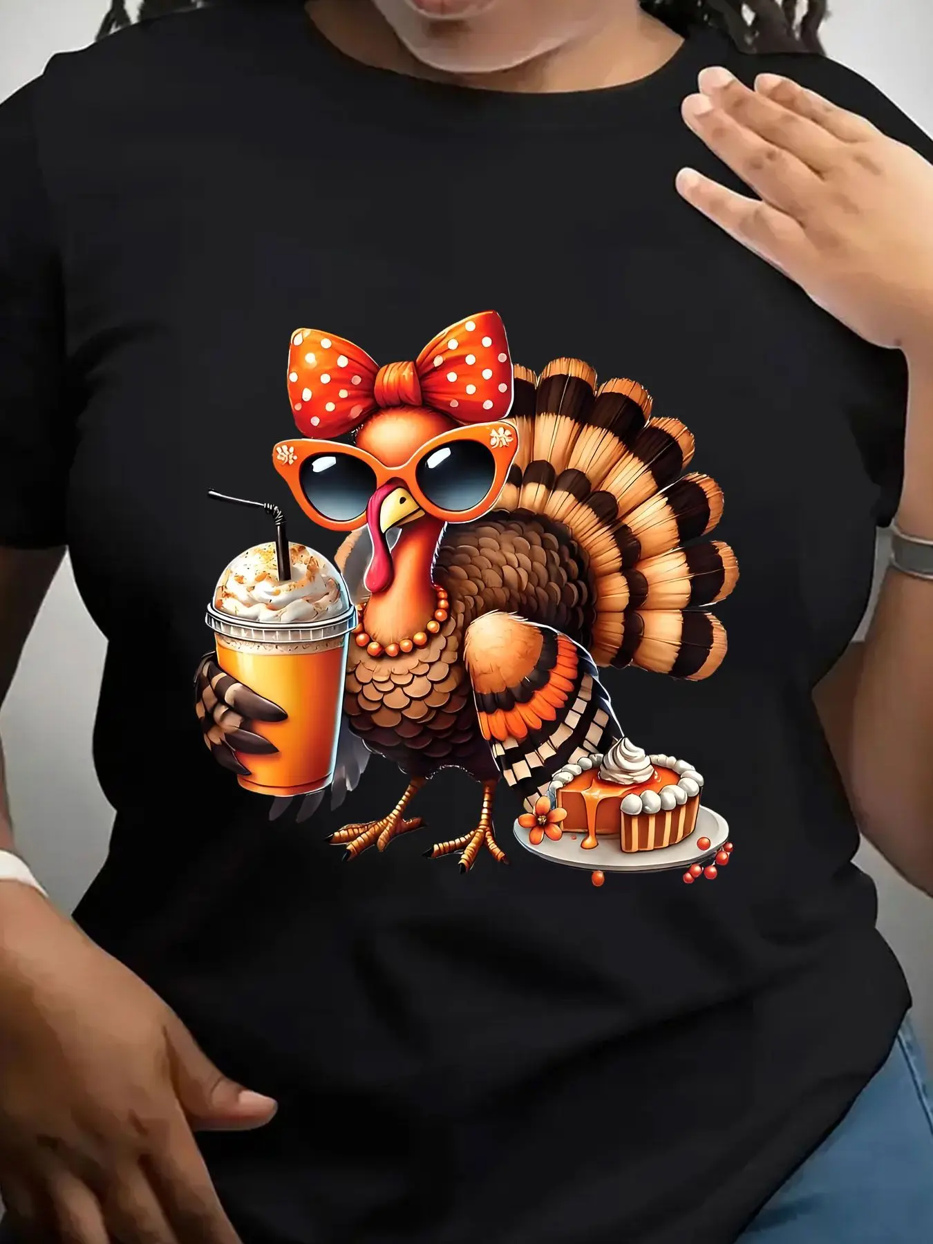 Women's Trendy Crew Neck T-Shirt Cool Turkey with Drink and Cake Suitable for Casual Sportswear
