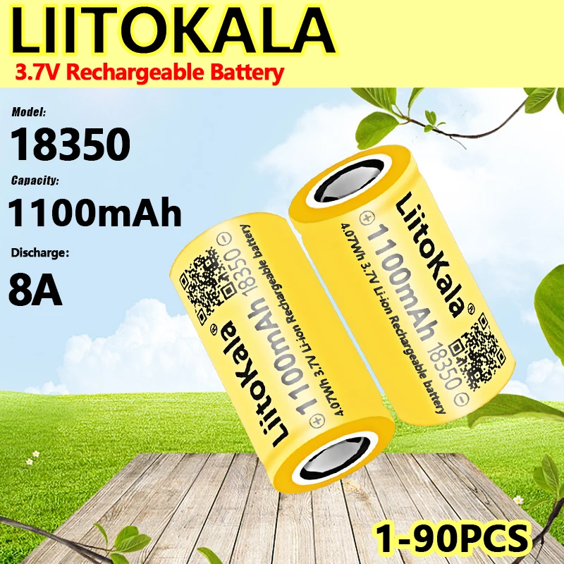 1-90pcs Liitokala New ICR 18350 900mAh Power Rechargeable Lithium Battery 3.7V 8A Power for Electrical Tools Flashlight