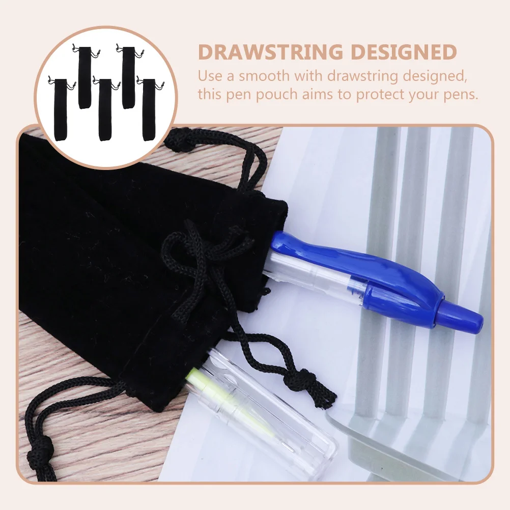 5pcs Pen Pouch Black Sturdy Lint Storage Drawstring Closure Single Pen Sleeve Flannelette Gift Bag For Office School Desk