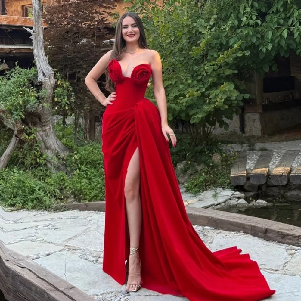 

Customized Matching Fashion Jersey Pleat Handmade Flower A-line Strapless Long Dresses Bespoke Occasion Dresses Sizes Available