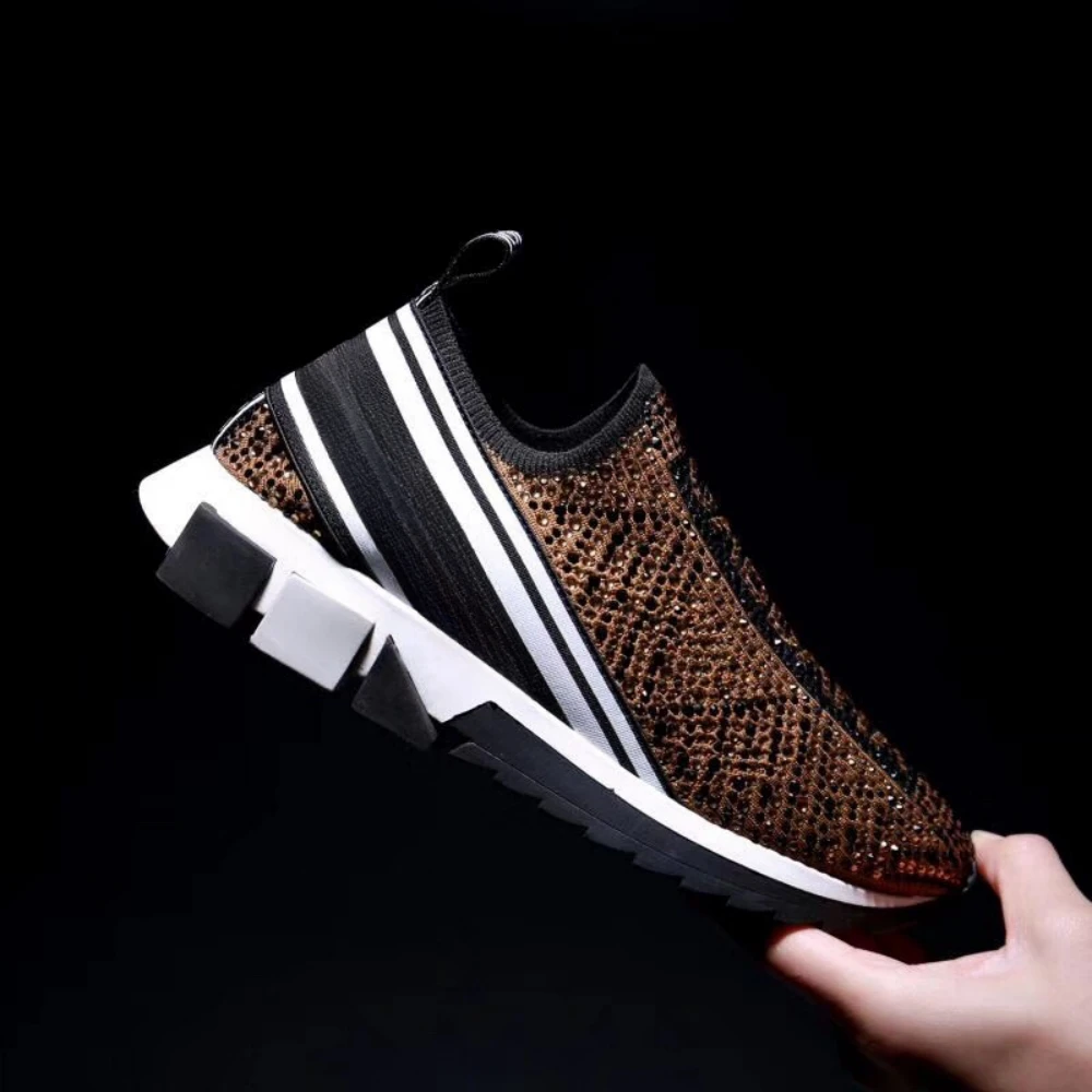 2024 Autumn/Winter New Elastic Knitted Sports and Leisure Board Shoes Splicing Men's Shoes Flat Bottom Mesh Couple's Same Style