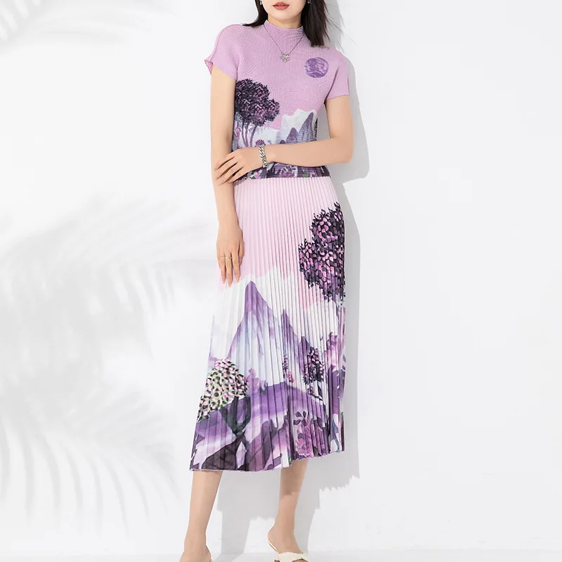 

Miyake Fashion Pleated Short Sleeve Corn Pleated Suit 2023 Summer New Landscape Print Slim Temperament Skirt Women's Clothing