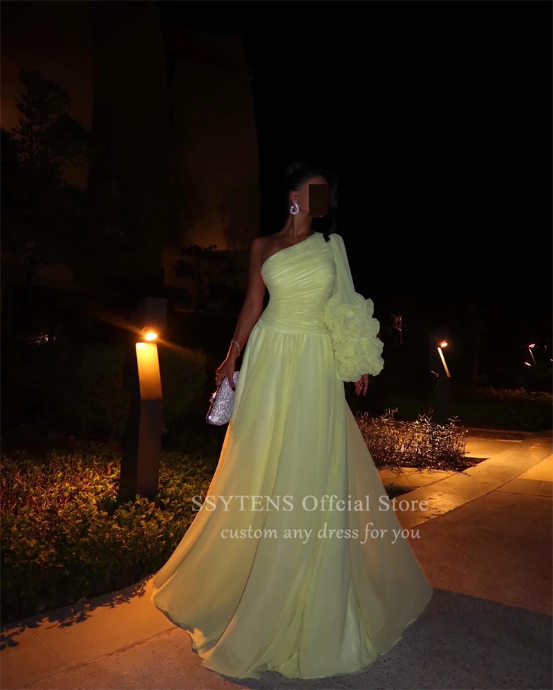 SSYTENS Saudi Light Yellow Chiffon Party Dress Women Elegant One Shoulder Evening Dresses Pleat Long Sleeves Vestidos De Gala