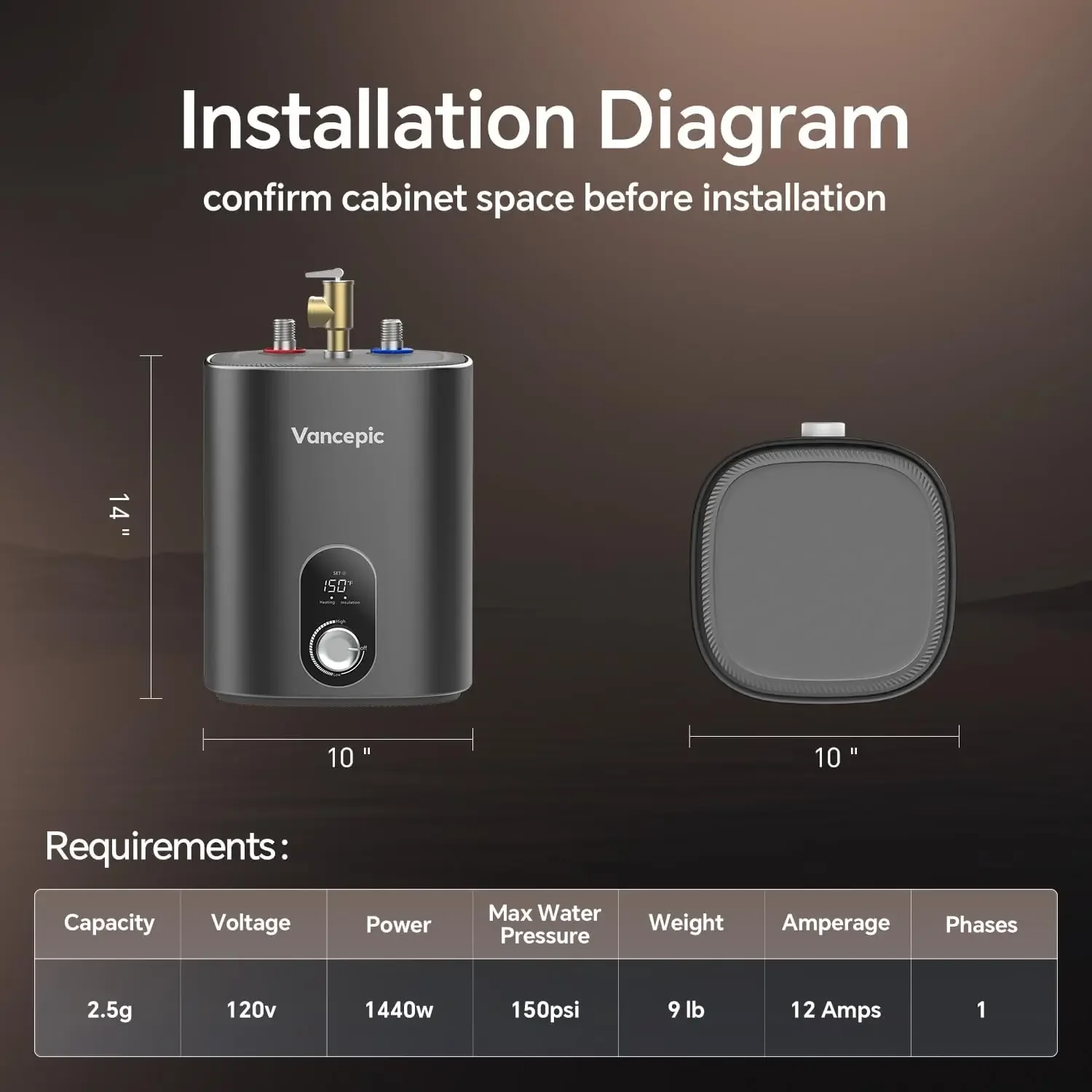 Gen II 2.5-Gallon Electric Mini-Tank Water Heater, 120V, 1440W Instant Hot Water for Point-of-Use, Quick and Easy Installation,