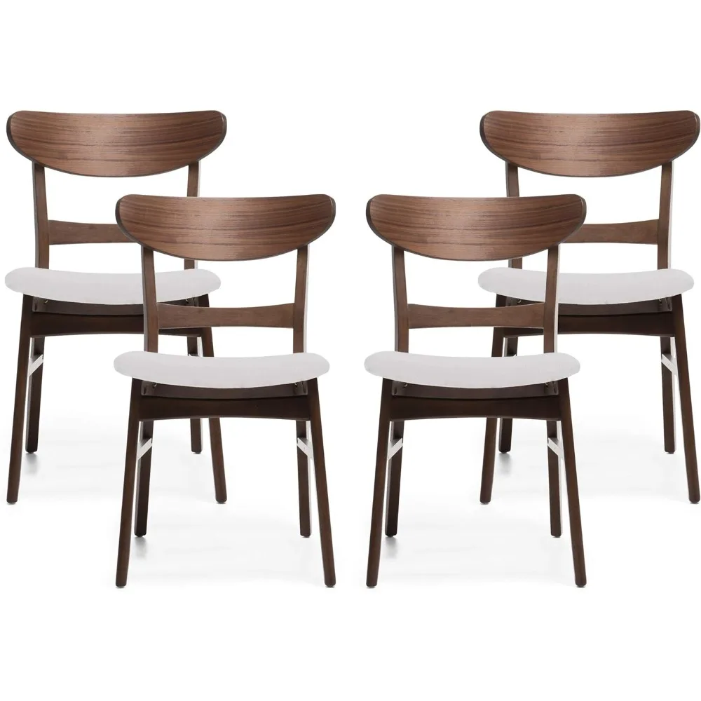 Helen Mid-Century Modern Dining Chairs (Set of 4), Polyester,Rubberwood, Light Beige, Walnut