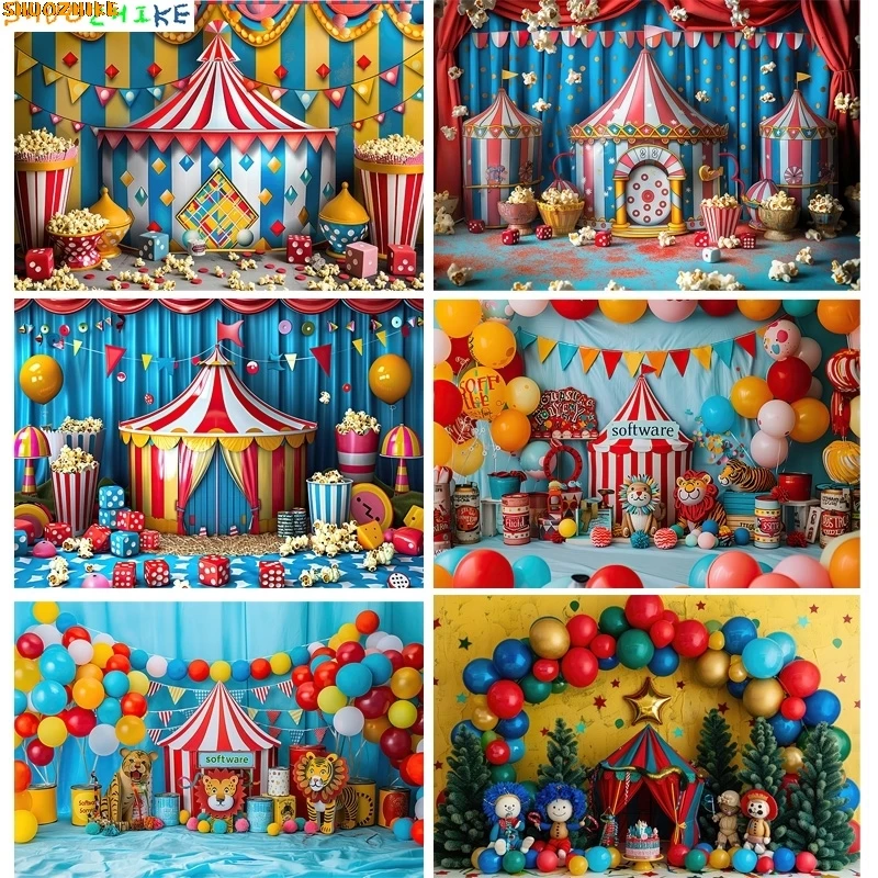 

Circus Tent With Striped Canopy Popcorn Photography Backdrops Balloons Birthday Party Decor Animal Photo Studio Background SD-06