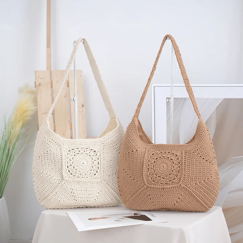 

1pcs Bohemian Cotton Crochet Shoulder Tote, Handmade Knit Hobo Bag with Wide Strap for Summer