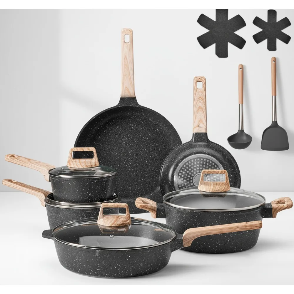 

17-Piece Nonstick Granite Cookware Set, Induction Compatible Pots & Pans with Glass Lids for RV Kitchen Cooking