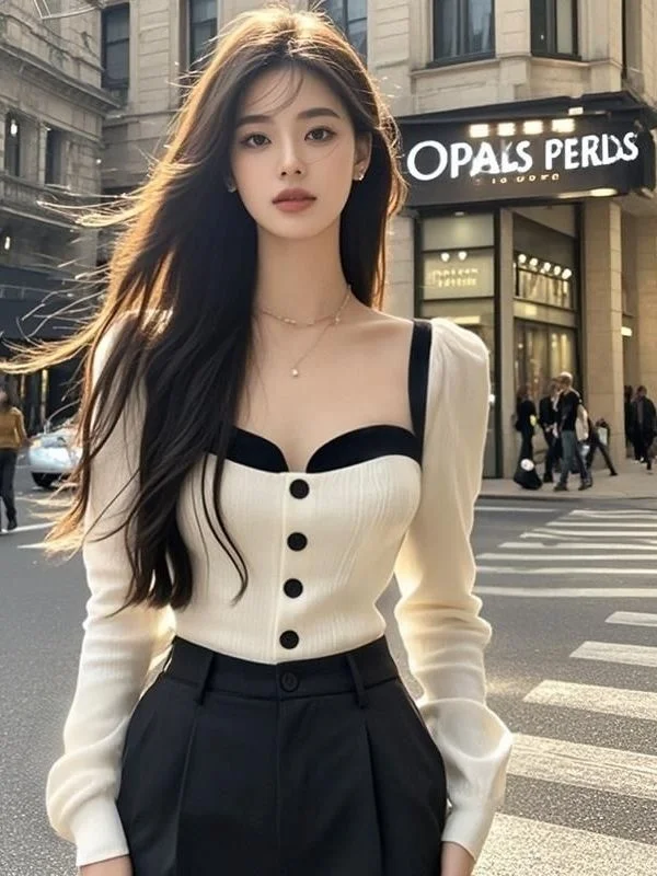 Pure Desire Style Long Sleeve Knitted Shirt Women's Slim Fit Base Layer Square Collar Color Block Knitwear Autumn Fashion
