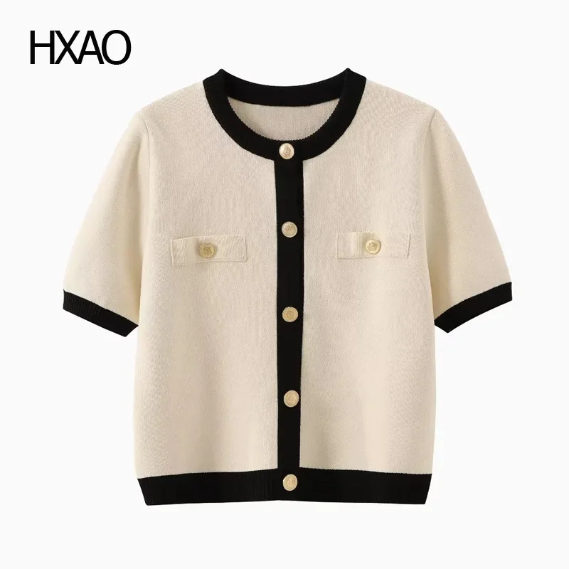 HXAO 2024 Women's Knitted Short Coat Spring Summer Women Fashion New Coat With Buttons  Crew-neck Short-sleeved JacketFor Female