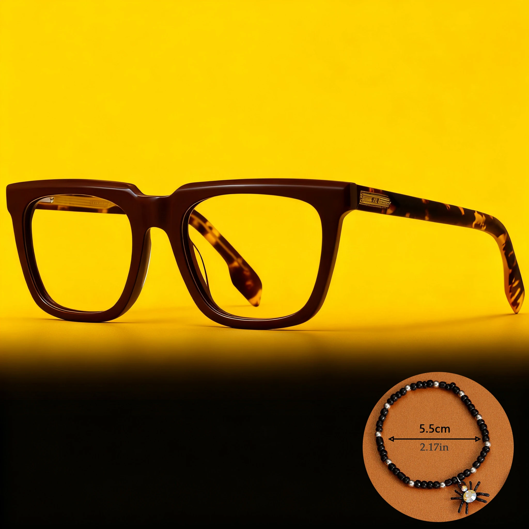 FYTOO Retro Modish Dark Red Tortoiseshell Color Block Square Glasses Durable Acetate, Unisex Comes with Spider Bracelet.