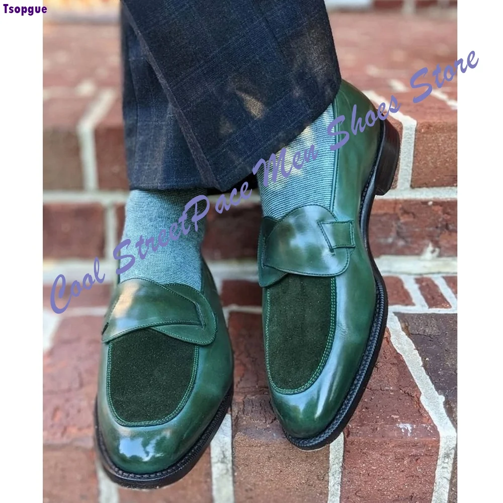 2026 Men Dark Green Two Tone Penny Loafers Leather Suede Spliced Slip On Flat Sole Vintage Business Wedding Formal Dress Shoes