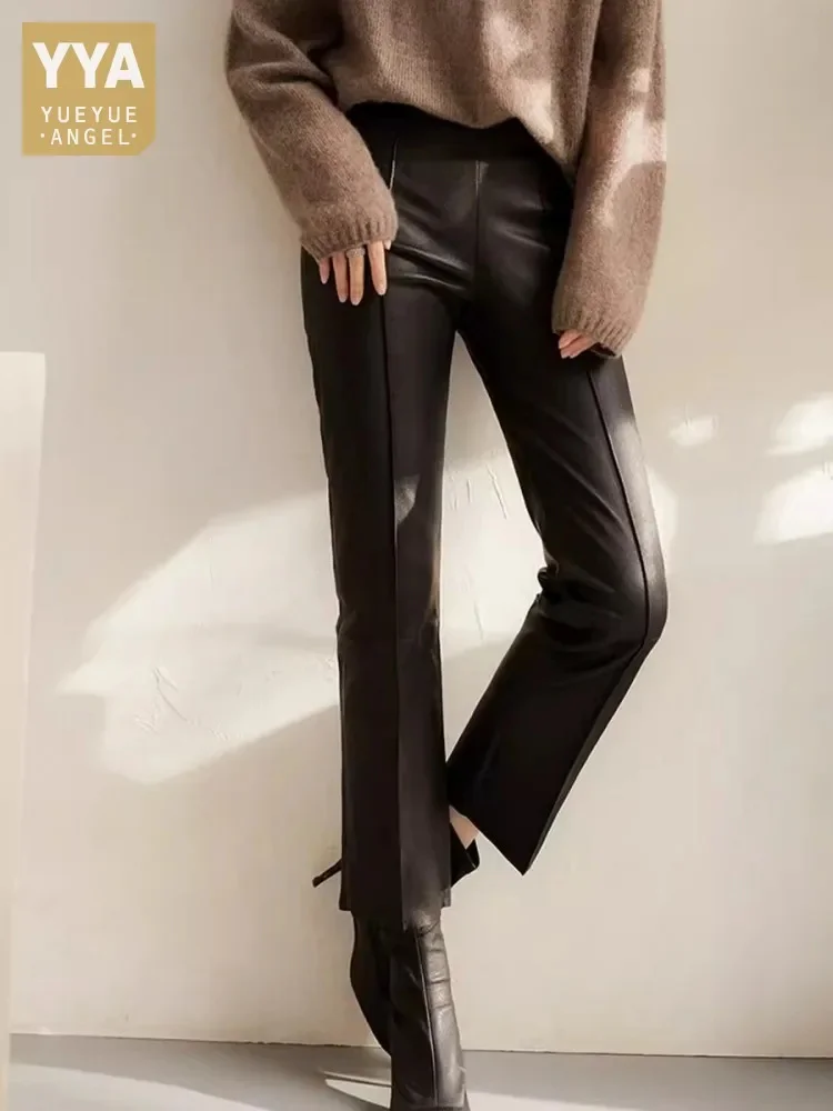 

Real Quality Sheepskin Genuine Leather Women Slim Fit Elastic Ankle Length Fashion High Waist Straight Pants