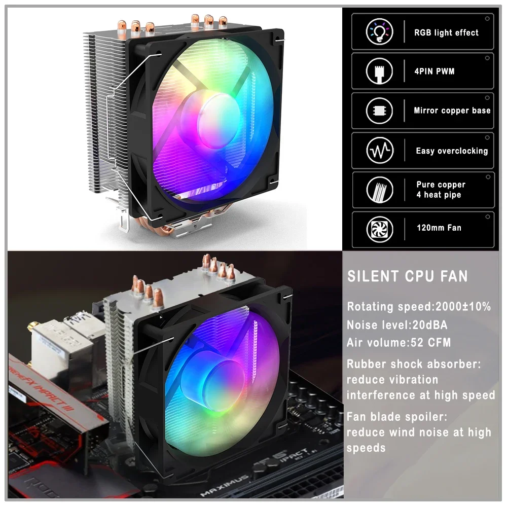 Enfriador de Cpu X99 Lga 2011, Enfriador de procesador de 4 pines, AM4, RGB, IWONGOU, 4 tubos de calor, Lga 1150, 1200, 1700, 1155, para Intel AMD