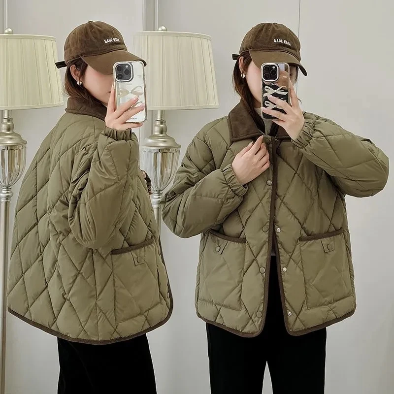 Small Fragrant Style Diamond grid Cotton Jacket 2025 New No wash Loose Contrasting color Versatile Short Autumn Winter Coat