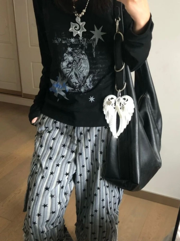 HOUZHOU Vintage Y2k Graficzne Koszulki Damskie Harajuku Gotyckie Czarne Koszulki z Długim Rękawem Grunge Retro Punk Streetwear Koszulki z Nadrukiem