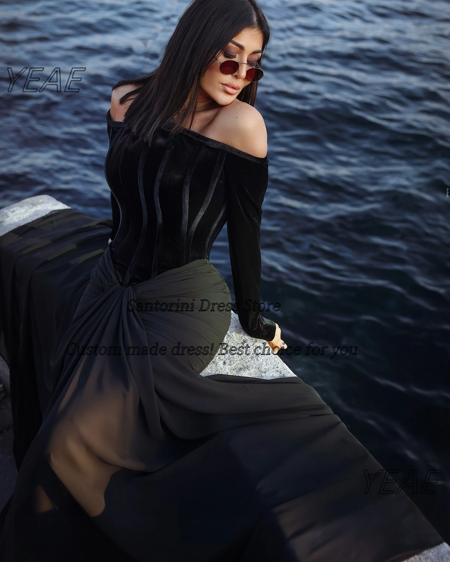 Santorini 2026 vestidos de fiesta negros vestidos de noche de manga larga de terciopelo vestido de fiesta de sirena de tren de barrido acanalado personalizado