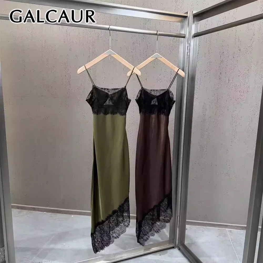 GALCAUR Colorblock Slimming Spliced Hollow Out Irregular Dress for Women V Nevk Sleeveless Patchwork Lace Dresses Female Fashion