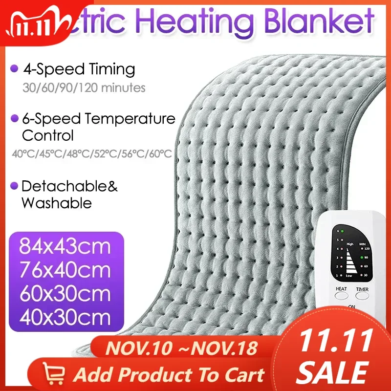 Electric Heating Blanket 6-Speed Temperature Control 4 Timing Heated Mat for Bed Sofa Body Abdomen Back Legs Hands Winter Warmer