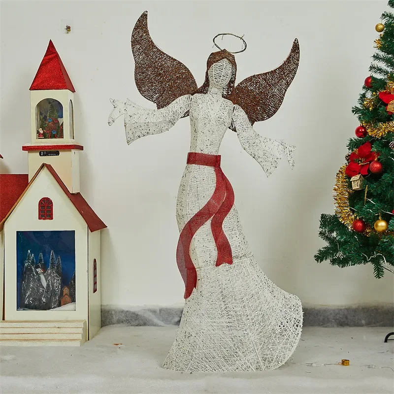 Large LED Luminous Angel Christmas Decoration Gold White Wrought Iron Annunciation Figure for Party Home Decor Wholesale