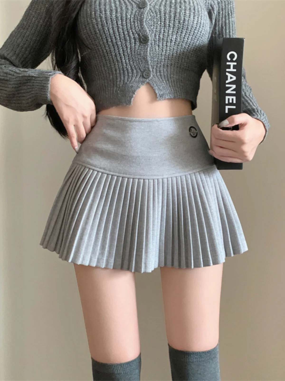 Preppy JK Gray Woolen Skirt Women's Autumn and Winter High Waist Slimming A Word Pleated Skirt Pure Desire Gyaru Short Skirt