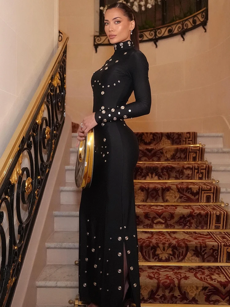 

Women Chic Black Full-Sleeve Stand Collar Diamond Embellished Gown Bodycon Slim Clubnight Party Evening Dress 2025 New Vestidos