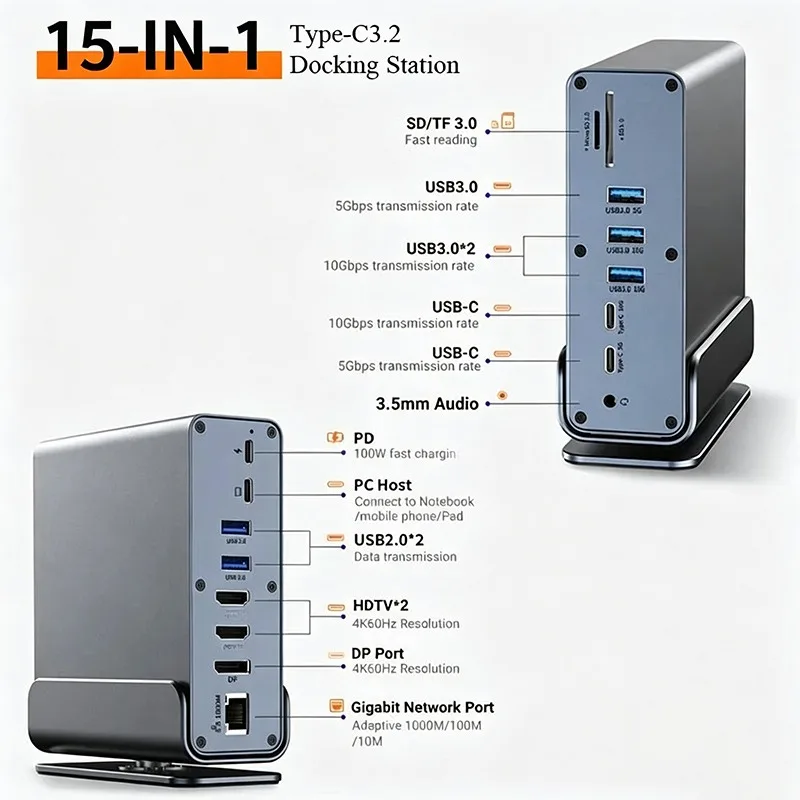 Triple Monitor 15-in-1 Vertical Type C Docking Station USB C Hub 4K60Hz HDMI-compatible 1000M RJ45 PD100W USB3.0