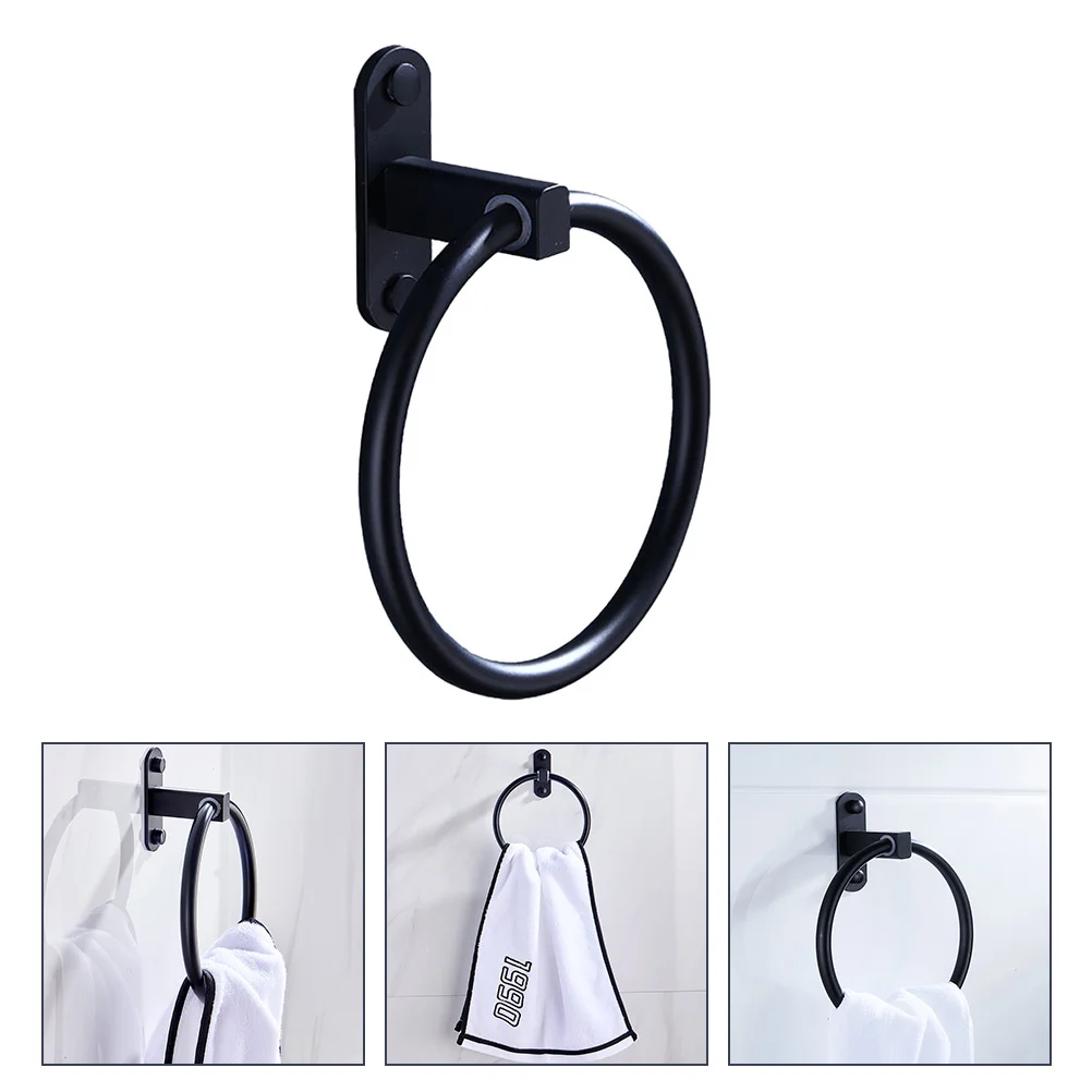 

1Pcs Aluminum Towel Ring Black Thick Round Corner No-Punching Installation Rust-Proof Bathroom Accessory Holder Hanger