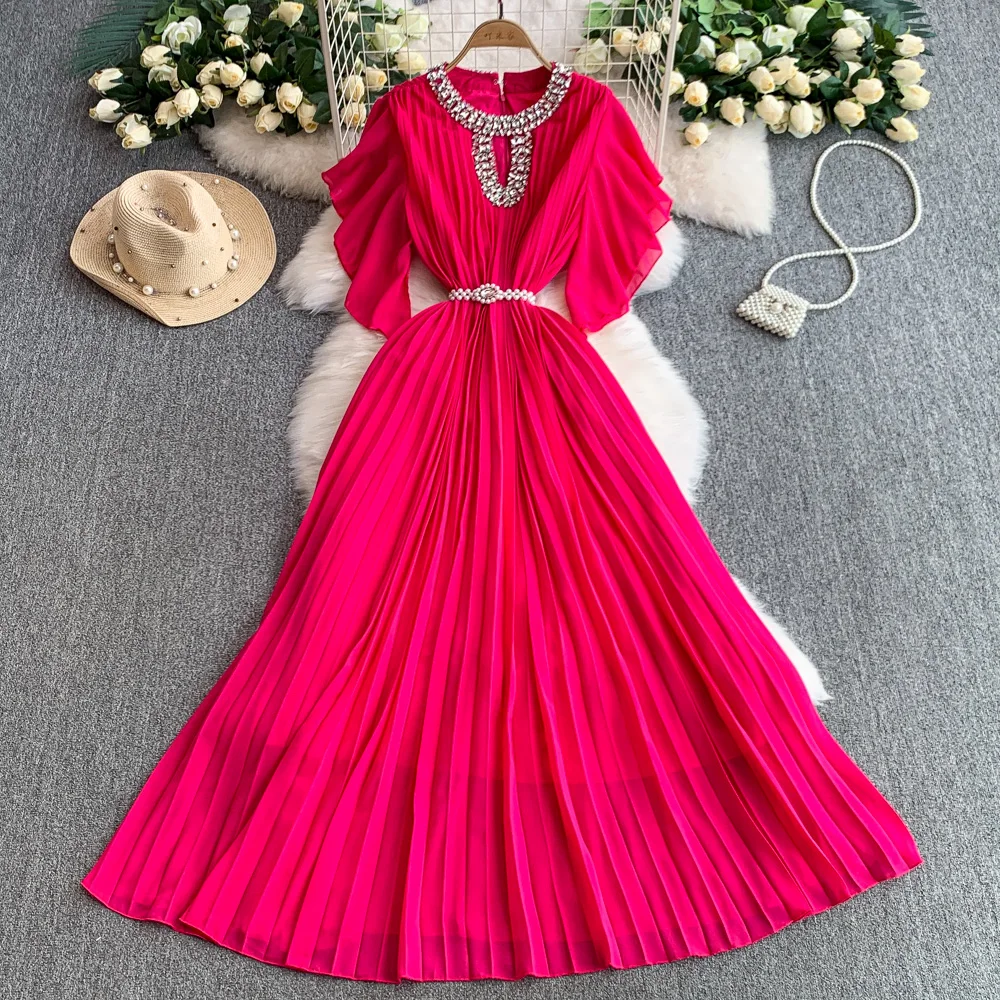 

Elegant Sexy short sleeve rhinestone hollow out Dress Fairy A-line Summer Beach Vacation Slim Women Evening Party Dress