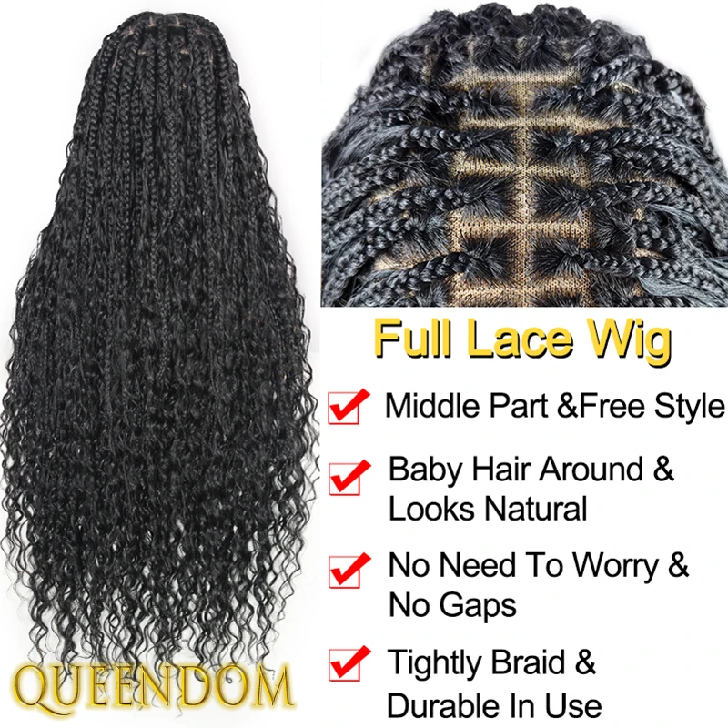 Full Lace Box Braid Synthetic Wig 32 Inch Bohemian Crochet Braids Goddess Wig With Curly Ends Knotless Cornrow Plait Braided Wig