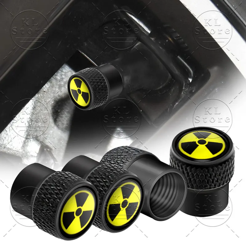 4Pcs Radioactive Warning Atomic Nuclear Radiation Emblem Aluminum Alloy Car Wheel Tire Valve Caps Dust Cover Accessories