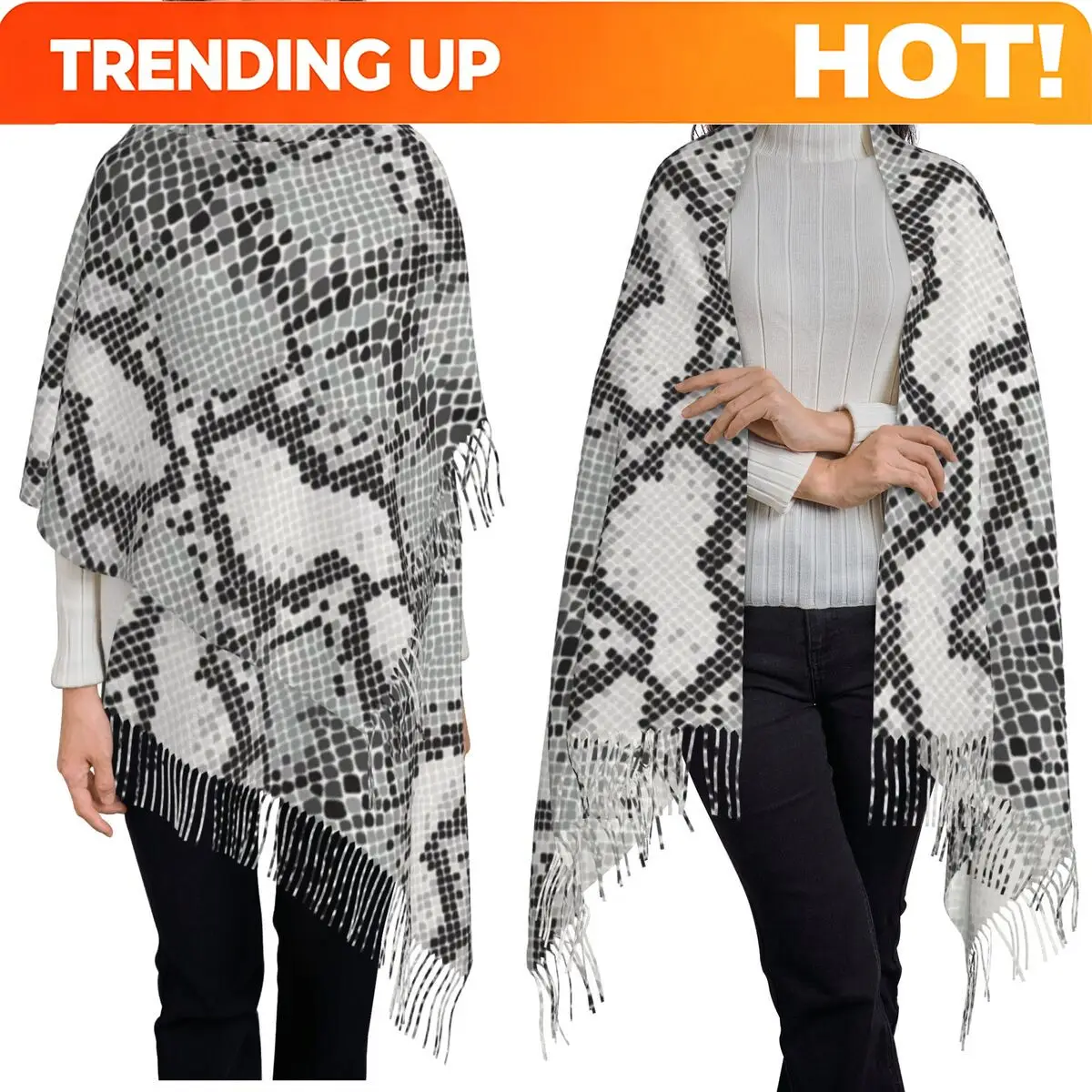 Customization Gray Snake Skin Animal Print Scarf Tassel Scarves For Women Soft Warm Shawls And Wraps Long Fall Winter Shawl Wrap