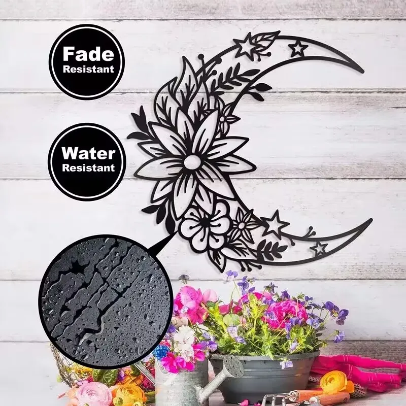 1pc Moon Metal Flower Art Decor Black Bohemian Big Flower Moon And Star Wall Sign Half Moon Flower Sculpture, Wall Decoration, H