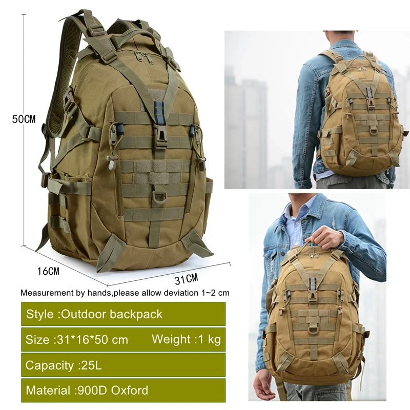 25L 900D Nylon Waterproof Backpack Outdoor Military Rucksacks Tactical Sports Camping Hiking Trekking Fishing Hunting Bag