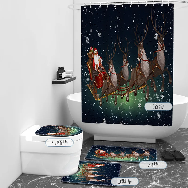 Santa Claus 3D Printed Bathroom Set Together Shower Curtain Rug Set Bathroom Mats Rugs Toilet Decor Mat 02