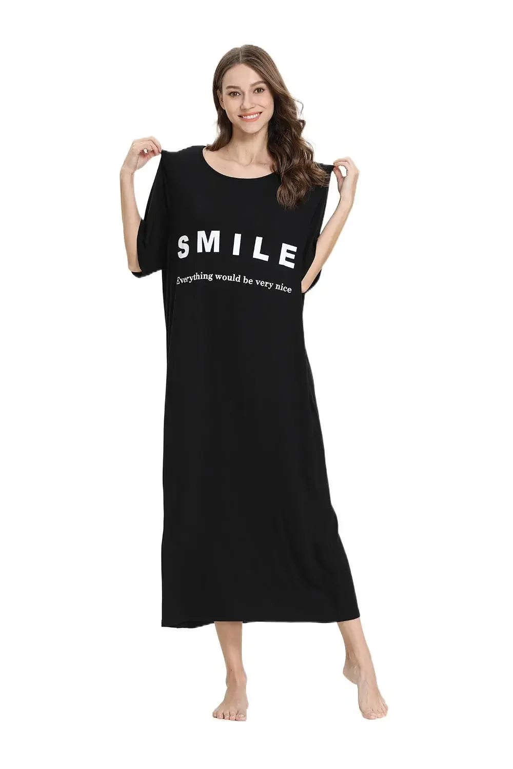 Plus size Sweet smile long night dress sleepwear women cozy modal loose short sleeve nightgown nachtkleding sleepdress