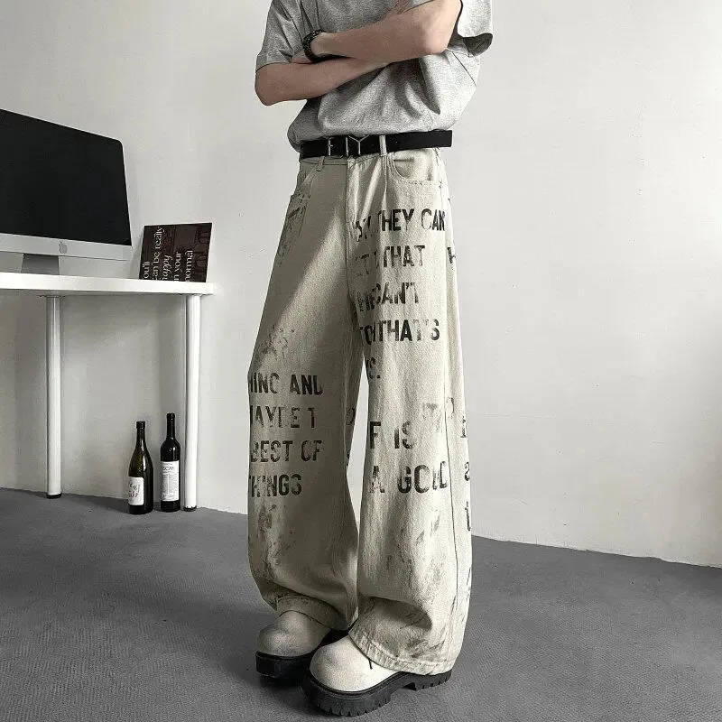 【Mirrordust】Autumn High Street Retro Distressed Slogan Letter Print Jeans Loose Wide-Leg Pants