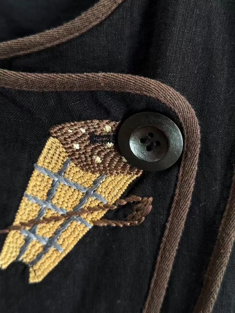 الرجعية المطرزة الكتان ort Jaet المرأة فضفاضة التخسيس تصميم زر واحد القطن الكتان أعلى الخريف جديد Sle تخفيف Sle #4