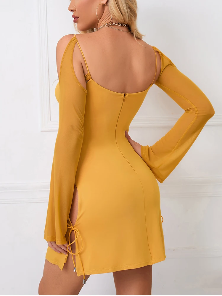 NewAsia Rückenfreies Minikleid für Damen, lang, Glockenärmel, orange, sexy, aushöhlen, Seitenschlitz, Schnürung, figurbetont, kurzes Kleid, Party, Clubwear