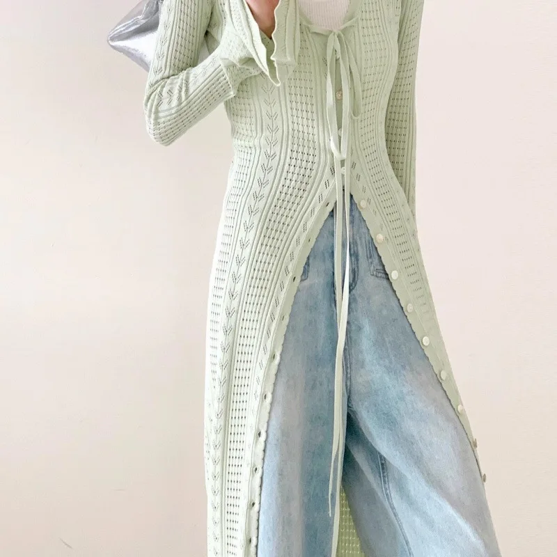 

2026 Spring/Summer New Slim fit Horn Sleeve Knitted Hollow Solid Color Coat Hoodie Top for Women