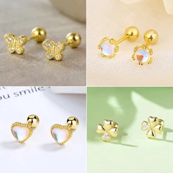 Korean New Shiny Round Moonstone Screw Earrings For Women Girls Cute Butterfly Charm Cartilage Helix Tragus Ear Piercing Jewelry