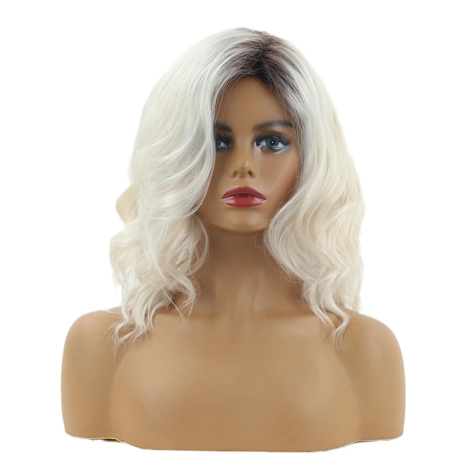 

New oblique bangs gradual change gold long curly hair chemical fiber high temperature silk, European and American wig headgear