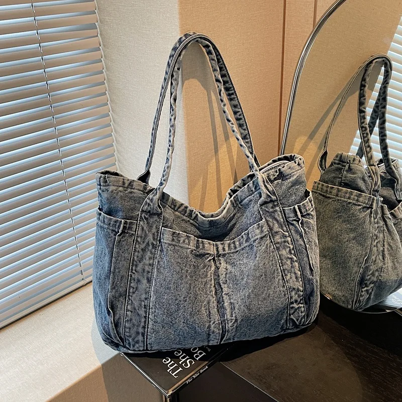 

Korean Style Vintage Large Capacity Shoulder Bags Washed Denim Casual and Minimalist Commuting Bag New Fashion Simple Mom Bag